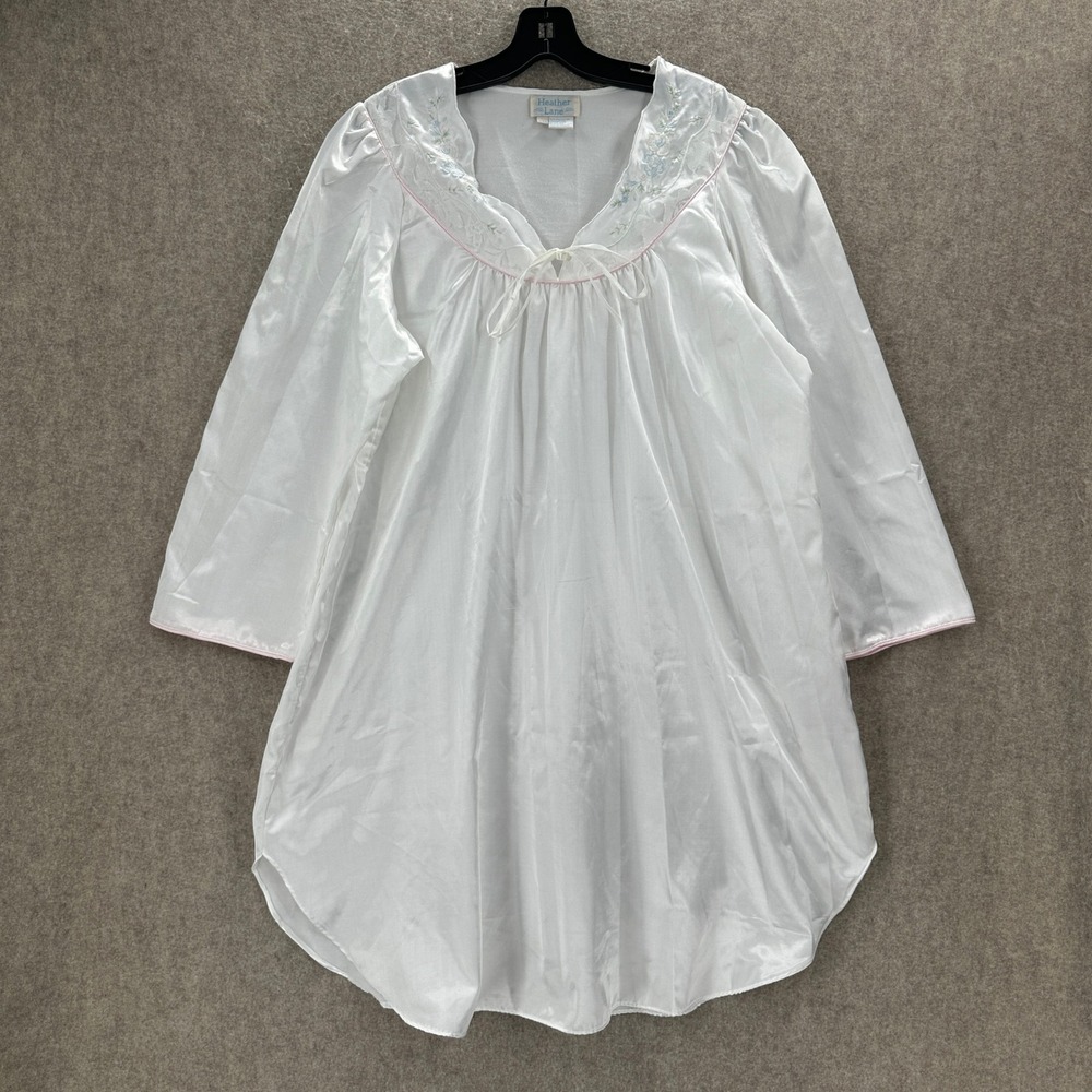 Heather Lane Nightgown Large White Floral Embroidered Lace V-Neck Flannel Lined